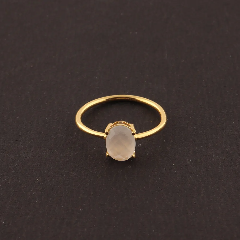 Joias por atacado em forma oval banhada a ouro de latão | Anel de pedra preciosa branco Moonstone | Anéis feitos à mão. Modo Joyas R-505
