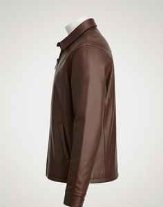 เสื้อแจ็คเก็ตบอมเบอร์หนังแกะแท้สีน้ำตาลเข้มสำหรับผู้ชาย สไตล์คลาสสิก ปกเสื้อเชิ้ต ผ้านุ่ม สวมใส่สบาย ดูดี มีสไตล์ เป็นมิตรกับสิ่งแวดล้อม ทรงเข้ารูป - Product Image 3