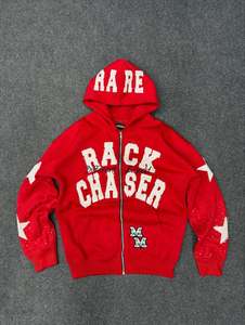Streetwear Graphic French Terry Washed <b>pink</b> Patch Embroidery Zip <b>Hoodie</b> Cropped Patchwork Distressed Embroidered Zip up <b>Hoodie</b> - Product Image 1