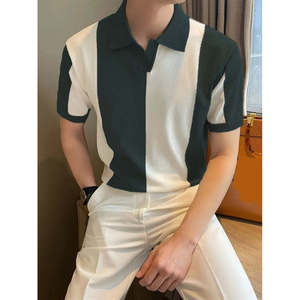 Chemise en tricot à col polo à manches courtes pour homme, motif à blocs, 36343 - Vert - Product Image 1