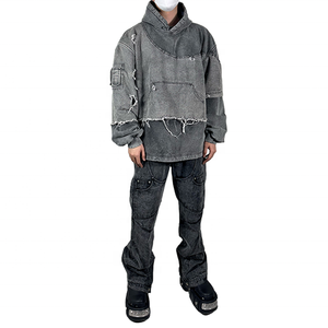 Custom Streetwear Ripped Hoondies Hombres Stone Acid Wash Doble capa Raw Hem Sudadera con capucha desgastada - Product Image 1