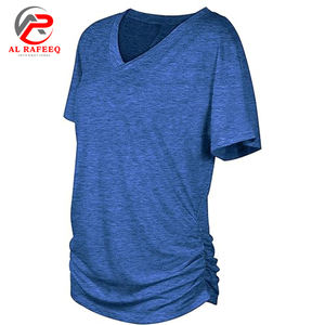 Camisetas plisadas de manga corta con cuello en V para mujer, Túnica básica holgada de verano con fruncido lateral, camisetas informales, Top de entrenamiento de algodón - Product Image 5