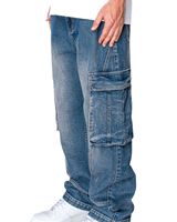 Jean cargo bleu délavé pour homme, coupe large, taille mi-haute, fermeture éclair, décontracté, avec plusieurs poches, personnalisable