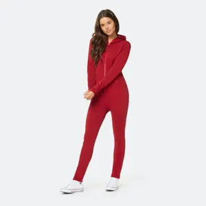 بذلة قطنية من القطن Elastane بسحاب مفتوح من الأمام جيب الكنغر الأحمر للنساء أصلية بذلة ضيقة Onesie