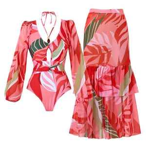 Burkinis 2 pièces pour femmes, col en V, imprimé floral, manches longues à volants, coupe trapèze, élégant, décontracté, tenue de soirée, léger, superposé, été - Product Image 3