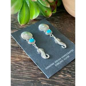 Daniel Benally Kingman Turquoise <b>Sterling</b> <b>Silver</b> Feather Drop <b>Dangle</b> <b>Earrings</b> - Product Image 2
