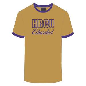 Camiseta Ringer con Ribete en Contraste Chenille para Hombre Educativo, Dorada con Letras Bordadas en Morado, Ropa Universitaria de Algodón Suave - Product Image 2