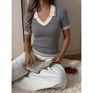 Women's Gray Colorblock Short Sleeve Preppy Style 100% <b>Acrylic</b> for Shirt - Product Image 1