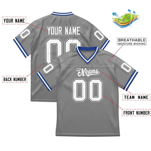 Custom American Football Jersey Grey Blue Mesh Breathable Polyester Personalized Name Number Team Uniform - Product Image 2