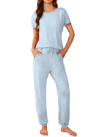 Vrouwen Blauwe Ster Print Pyjama Set Korte Mouw T-Shirt Koord Jogger Broek Zachte Lounge Sleepwear Tweedelige Outfit Oem Leverancier