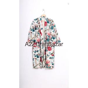 New Arrival Women's Luxury Vintage Short <b>Kimono</b> <b>Robe</b> 100% Cotton Patchwork Floral Pattern V-Neck Three-Quarter Sleeve Drawstring - Product Image 1
