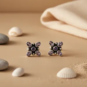 Boucles d'oreilles pendantes à motif floral pour femmes, argent 925 avec améthyste, bijoux élégants - Product Image 3