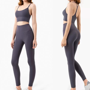 Women's Yoga Set High Waist <b>Leggings</b> Crop <b>Top</b> Racerback Seamless Solid Color Sportswear Full Length Activewear - Product Image 5