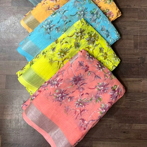 Saree en coton imprimé coupé 6 mètres de tissu lilen utiliser un saree - Product Image 1