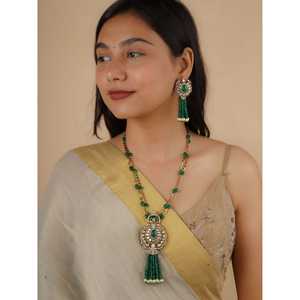 Ensemble de collier en laiton plaqué rhodium 18 carats vert, imitation jade polki, PK-S139GR, pour cadeaux de mariage ou de bijoux fins - Product Image 3