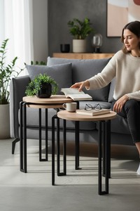 Juego de Mesas de Centro Redondas Modernas con Superficie de Madera y Estructura Metálica, Muebles Minimalistas para Sala de Estar - Product Image 2