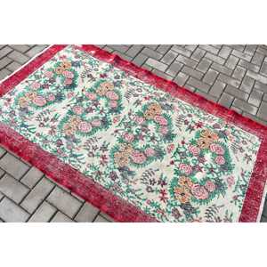 พรมวินเทจ ขนาด 3.7x6.5 ฟุต พรมตุรกี ลายดอกไม้สีแดงเขียว - Product Image 4