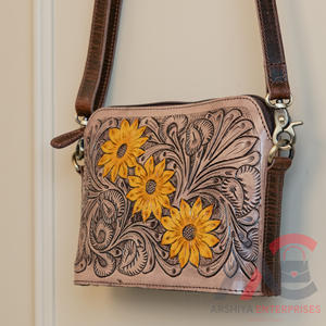 Nouveau fait à la main Western élégant en cuir repoussé femmes sac à bandoulière de haute qualité en cuir véritable tournesol sacs à main Cowgirl sacs à bandoulière - Product Image 4