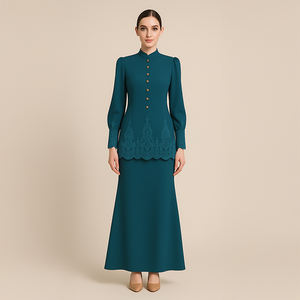 Bordado Floral hecho a mano de dos piezas Baju Kurung conjunto modesto estilo sólido transpirable para Ramadán Eid de talla grande Abaya ropa - Product Image 4