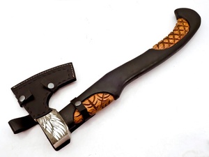 Hacha de fábrica de cubiertos OEM y ODM personalizada al por mayor, hacha de acero de Damasco hecha a mano, mango de madera con Funda de cuero para acampar al aire libre - Product Image 6
