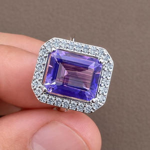 <b>Emerald</b> Cut Amethyst Cocktail <b>Ring</b> 925 Sterling <b>Silver</b> Rhodium Plated Pave Setting Women's Luxury Geometric Trendy Engagement - Product Image 4