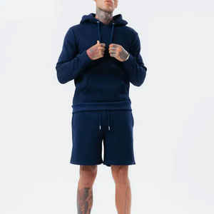 Unique Simple Style <b>Men's</b> Solid 100% Cotton Breathable <b>Fleece</b> Hoodie & <b>Shorts</b> Set Drawstring Casual Wear - Product Image 2