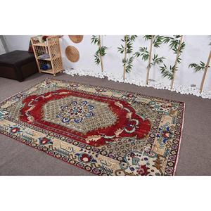 Turkish Vintage Rug 5,3x9 ft, <b>Red</b> Bordered <b>Wool</b> Rug - Product Image 4