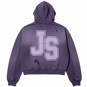 Sweat à capuche zippé surdimensionné 480 GSM tissu polaire épais hiver fermeture éclair en détresse lavage logo personnalisé mode de rue basiques sweats à capuche - Product Image 2