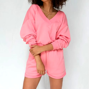 ชุดวอร์ม2ชิ้นของผู้หญิงวัสดุผ้าฝ้าย100% แห้งเร็วเสื้อสเวตเชิ้ตและกางเกงขาสั้นระบายอากาศได้กำหนดโลโก้ได้ตามต้องการ - Product Image 4