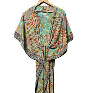 Robe longue décontractée pour femme de meilleure qualité, caftan en soie ajusté col V élégant pour le printemps, l'été, taille naturelle - Product Image 1