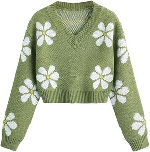 Pull court en tricot à manches longues et col en V à imprimé floral pour fille - Product Image 1