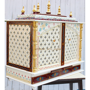 Diseñador hindú de madera Mandir artístico pintado en Blanco marrón Altar con cajón y cúpula estante de adoración sagrada para decoración espiritual - Product Image 5