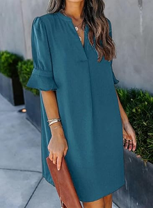 Vestido de Moda para Mujer, Color Azul Verde Azulado, Cuello en V, Media Manga, Corte Holgado, Línea A, Largo hasta la Rodilla, Ligero, Informal, de Verano - Product Image 3