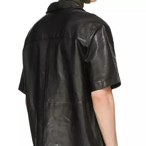 Genuine Black Breathable Leather <b>Shirt</b> New Custom Design <b>Short</b> <b>Sleeve</b> Leather <b>Button</b> <b>up</b> Casual <b>Shirt</b> for Men With Front Pockets - Product Image 3