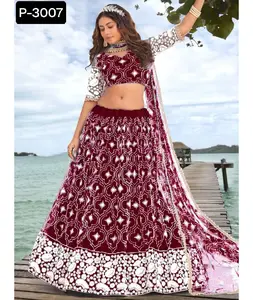 Bollywood tarzı tasarımcı düğün ve Festival giyim Georgette Lehenga choli fantezi Dupatta ile nakış ve sıra çalışması ile