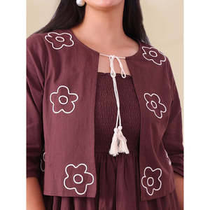 Deebaco Women's Brown Plus <b>Size</b> Cotton Embroidered Floral A-Line <b>Dress</b> With Shrug Knee-Length Bohemian Casual <b>Summer</b> Style - Product Image 2
