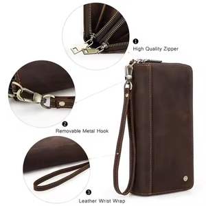 Cartera larga de cuero genuino para hombre, doble cremallera con correa para la muñeca, cartera larga para hombre, monederos para teléfono móvil - Product Image 6