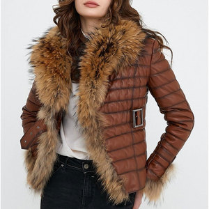 Women <b>Brown</b> Leather Puffer Jacket Quilted Winter <b>Coat</b> with Genuine Fox <b>Fur</b> <b>Trim</b> Warm Stylish Leather Outerwear Cold Weather - Product Image 3