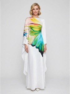 Vestido de Noche Largo para Mujer, Estampado de Mariposas Pintado a Mano, Satén, Manga Larga, Cuello Alto, Antiarrugas, Corte en A - Product Image 4