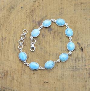 Bracelet réglable en argent sterling 925 avec pierre précieuse naturelle Larimar bleue, forme ovale, fait à la main, cadeau pour femme - Product Image 1