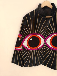 Chaqueta de Terciopelo Negro con Bordado de Ojos, Cuello Mandarín, Manga Farol Tres Cuartos, Estilo Y2K, Ropa de Abrigo Otoñal para Adultos - Product Image 2