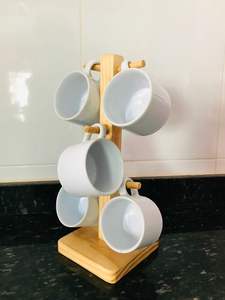 Support à tasses en bois, support à tasses à café en bambou, support de rangement pour comptoir de cuisine, organisateur, support de présentation de tasses en verre suspendu, base en bois - Product Image 5