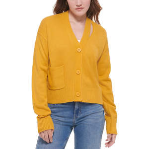 Calvin Klein Women's Long Cutout V Neck Cardigan <b>Yellow</b> Size X-Small Winter Season Casual Style Jacquard Technics <b>Wool</b> Acrylic - Product Image 1