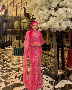 Robe longue en maille satinée ornée de perles et de cristaux, imprimé floral, respirante et infroissable, pour tenue de soirée ou de cérémonie, taille naturelle - Product Image 5