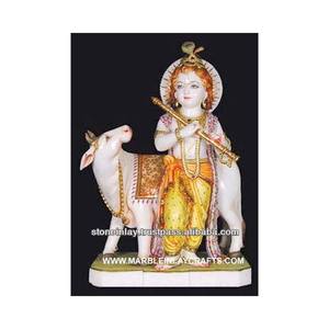 Krishna en marbre blanc peint en exclusivité Murti indien, Statue de culte de la Culture indienne, fait à la main de haute qualité - Product Image 1