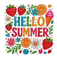 Transferts DTF Plastisol Effet Strass « Hello Summer Vibes » – Vinyle Thermocollant Personnalisé pour Vêtements de Marque