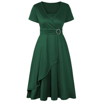 Vestido de Noche Elegante para Mujer con Cuello en V y Manga Corta - Vestido Largo Ajustado de Fiesta Color Verde Esmeralda