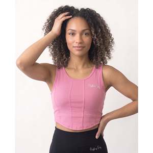 Débardeur court tricoté rose pour femme, col rond, couleur unie, décontracté, écologique, respirant, logo frontal, taille M, Fitness - Product Image 1