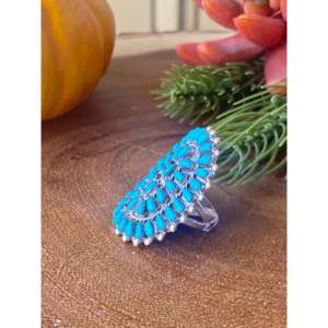 Mike Dishta Handmade Boho <b>Statement</b> <b>Ring</b> Zuni Turquoise & Sterling <b>Silver</b> Cluster Marquise Shape Size 5.5 Everyday Wear - Product Image 4