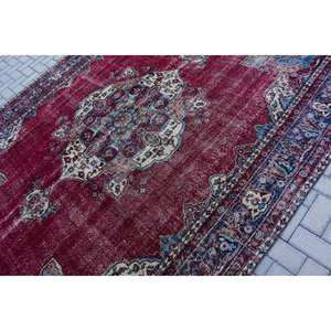 Vintage Turkish Rug Classic <b>Red</b> Blue Patchwork Design 8.1x11.3ft Large Area Woolen Area Rug for Entryway Hallway Rectangle Latex - Product Image 5